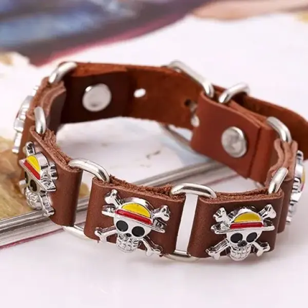 Bracelet en cuir Marron Luffy Chapeau de paille Crâne Anime